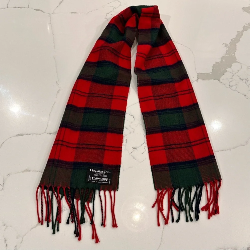 Vintage Christian Dior Monsieur Cashmaire Tartan Plaid Scarf Red Green Fringe